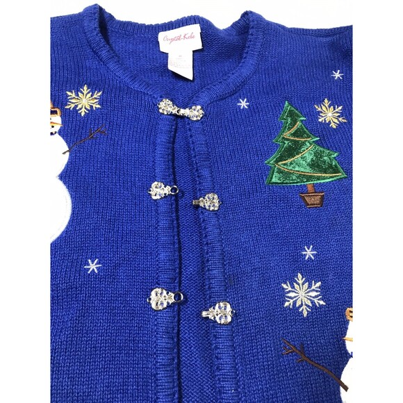 Vintage Crystal Kobe Heavy Knitted Christmas Snowmen Sweater Blue Size Medium - Picture 7 of 9